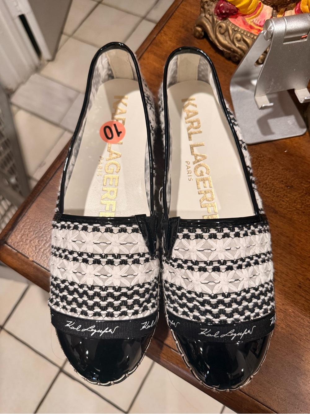 Karl Lagerfeld Black and White Woven Loafers with Patent Toe